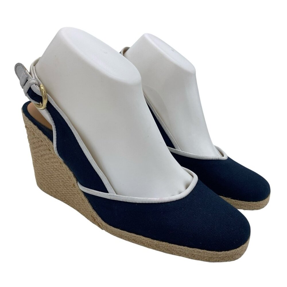 Sergio Rossi Canvas Wedge Espadrille Women's 40 Round Closed Toe Ankle Preppy